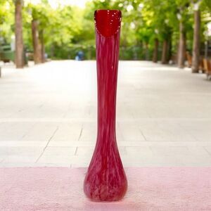 Vintage Red Glass Vase 1960's Red-Orange with White Swirls Art Glass Vase Swung